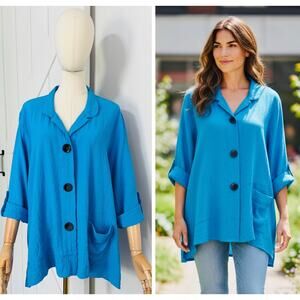 Ali Miles Size XL Petite Aqua Button Top Blouse Tunic Crinkle Texture Artsy